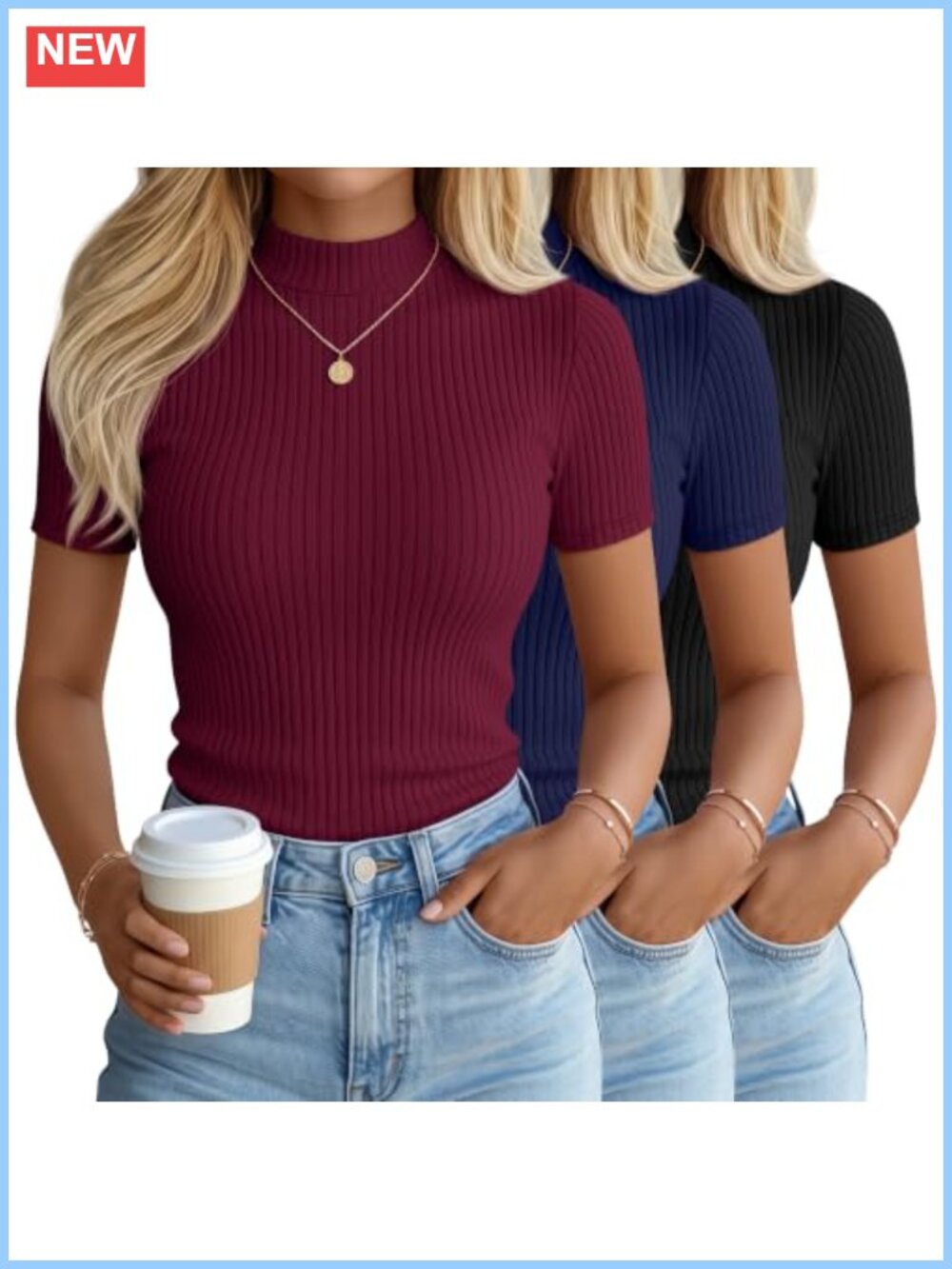 Women's Ribbed Mock Neck Short Sleeve T-Shirts 3 Pack Stretch Knit Tops